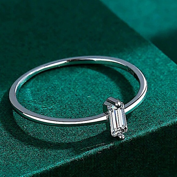 Sterling Silver Rectangular Cubic Zircon Ring Minimalist, Dainty Diamond Size 7 - Picture 2 of 11